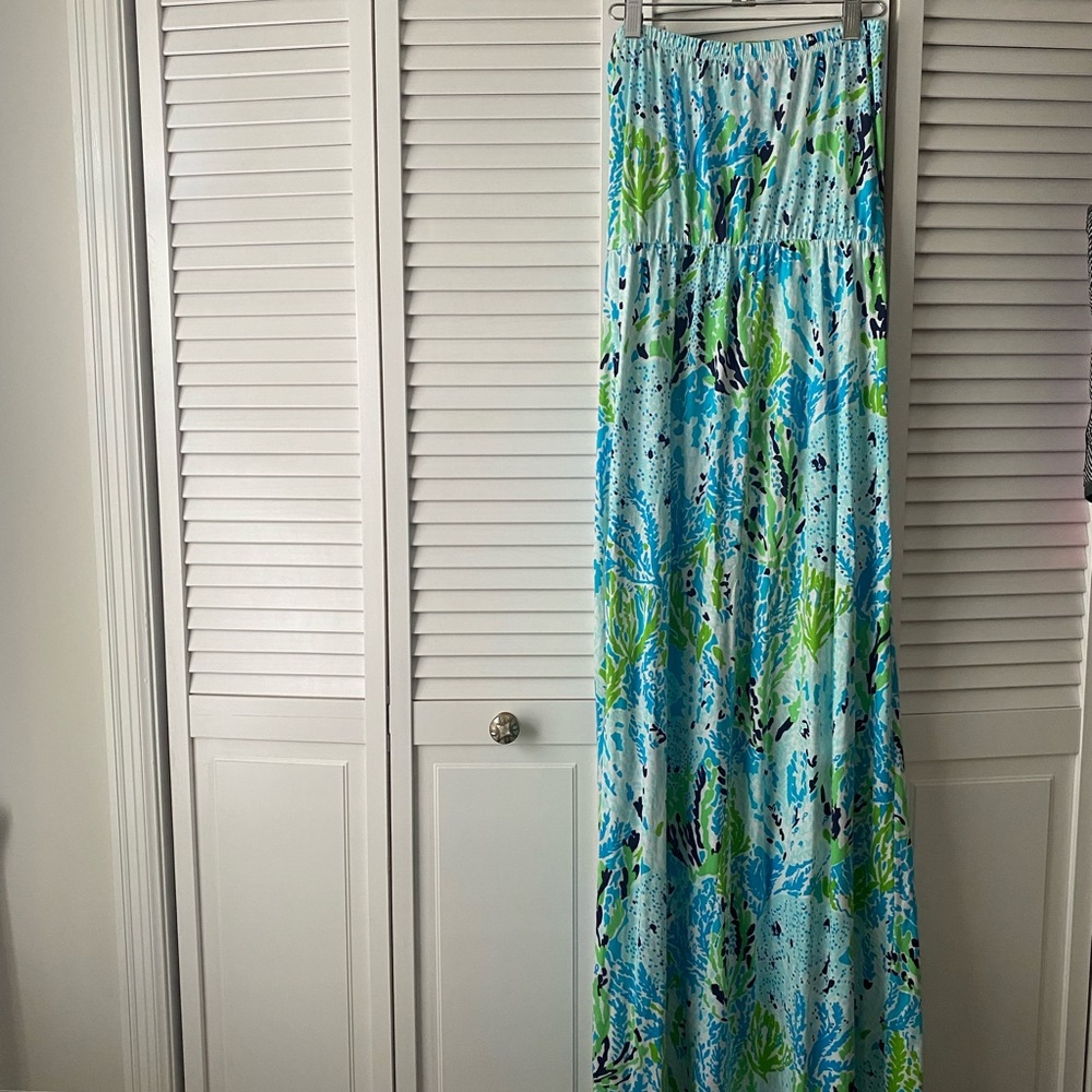 Long blue and green Lilly Pulitzer strapless dress